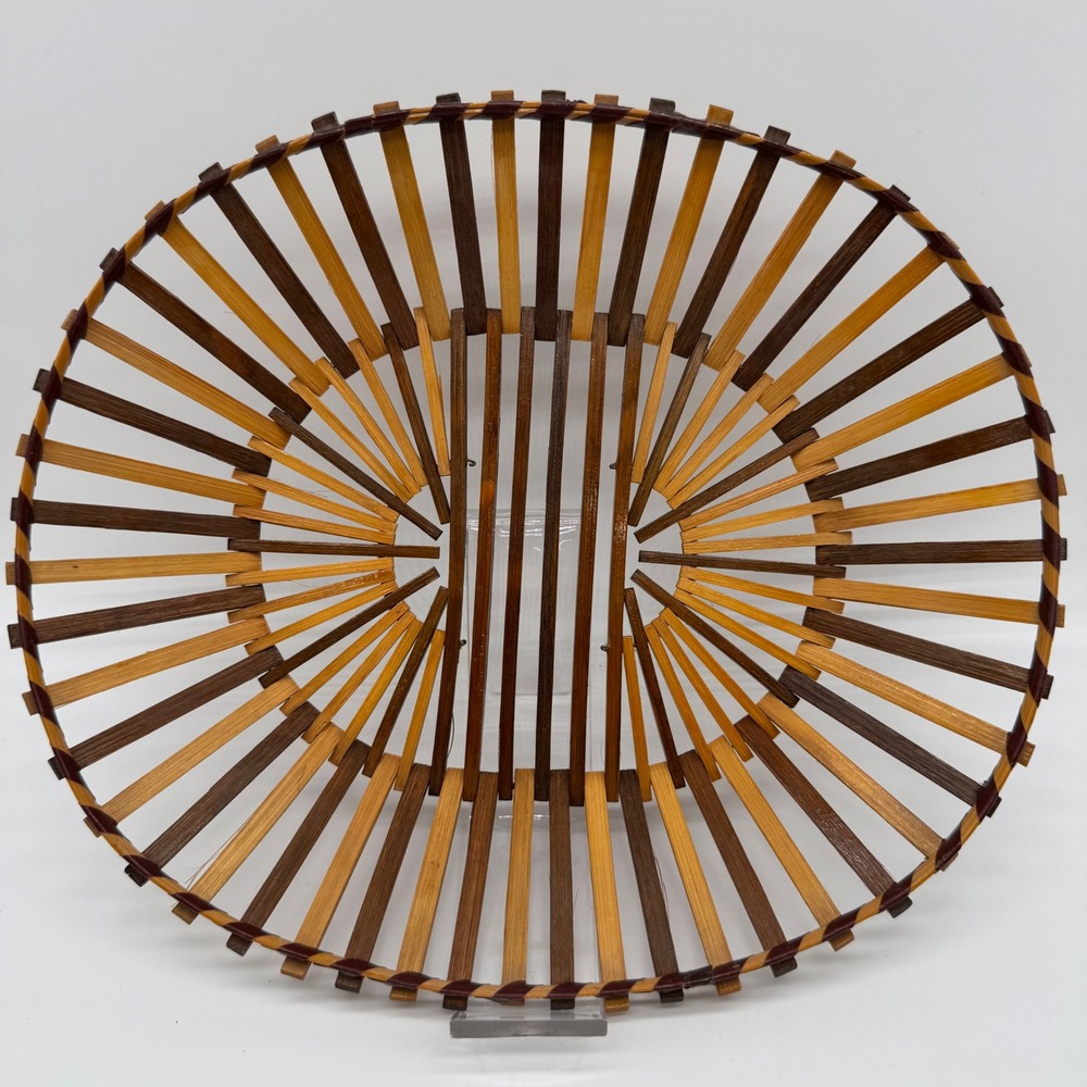 Vintage Bamboo Slat Oval Basket Two Tone Japanese Wood Fruit Bread Bowl 12x10"